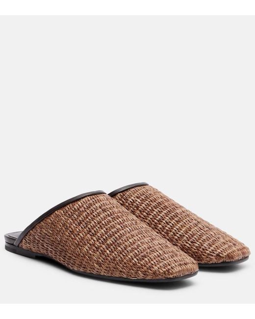 Brunello Cucinelli Brown Leather-Trimmed Raffia Mules