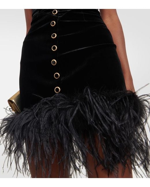 Alessandra Rich Black Velvet Mini Dress With Ostrich Feathers