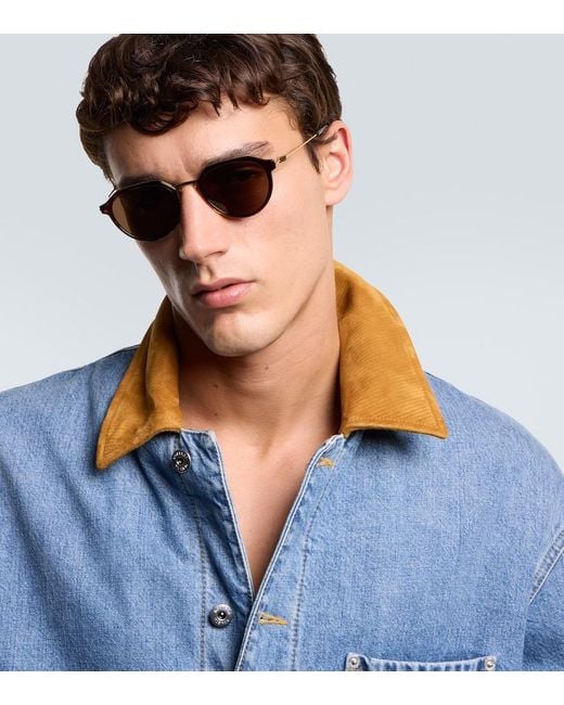 Bottega Veneta Brown Thin Triangle Round Sunglasses for men