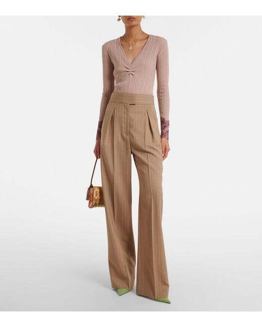 Valentino Natural Pinstripe Pleated Wool Wide-Leg Pants