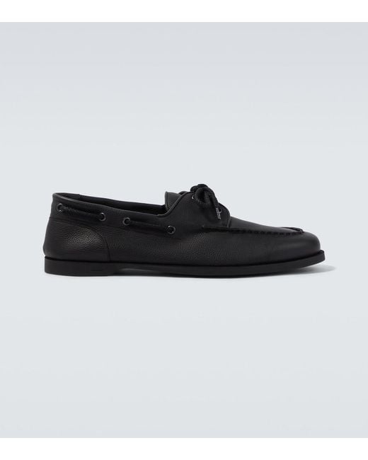 John Lobb Black Foil Leather Boat Shoes for men