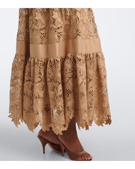 Elie Saab Natural Belted Tiered Guipure Lace Maxi Dress