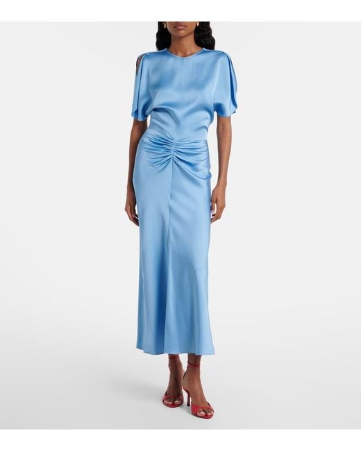 Victoria Beckham Blue Gathered Satin Midi Dress