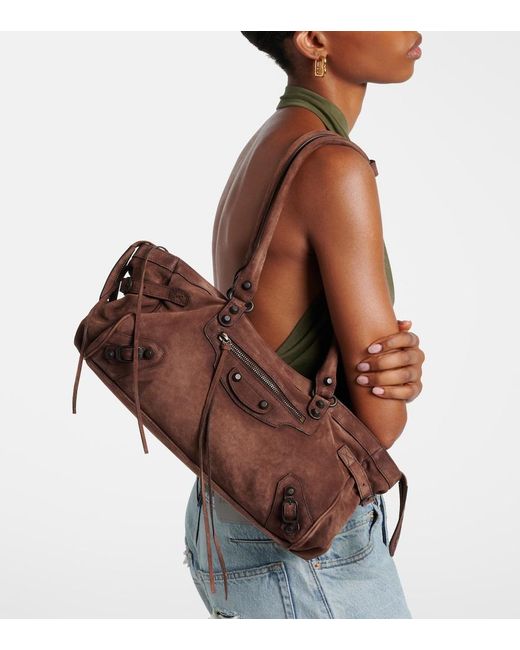 Balenciaga Brown Le City East-West Small Suede Shoulder Bag