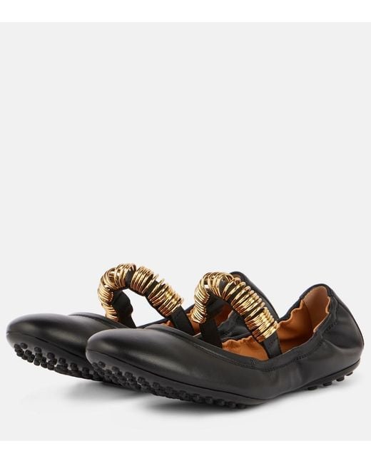 Tod's Black Embellished Leather Mary Jane Flats