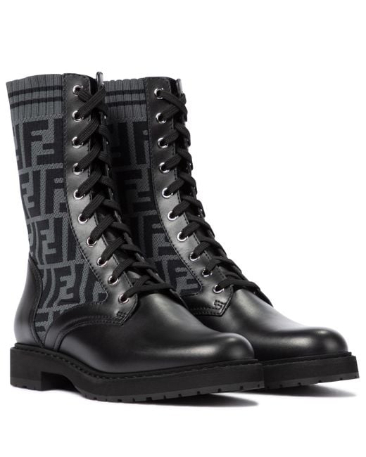 Fendi Black Rockoko Ff Leather-trimmed Combat Boots