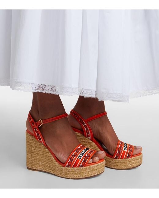 Dolce & Gabbana Orange Embroidered Floral Espadrille Wedges