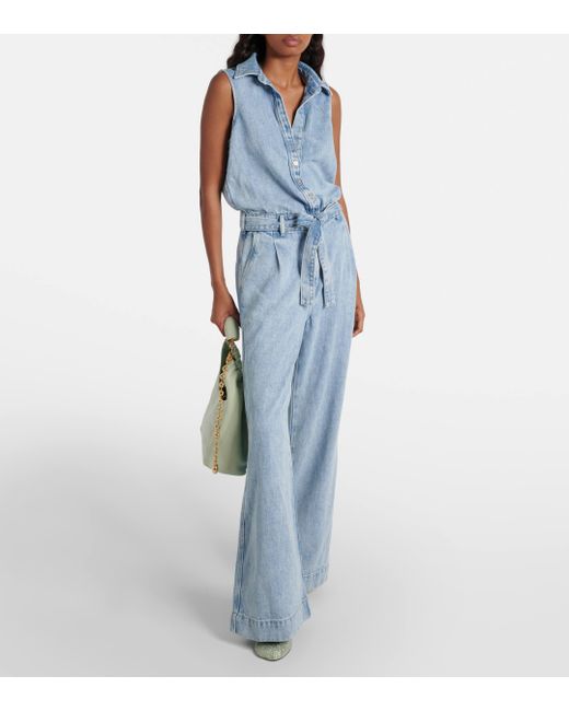 7 For All Mankind Blue Pleated Denim Jumpsuit