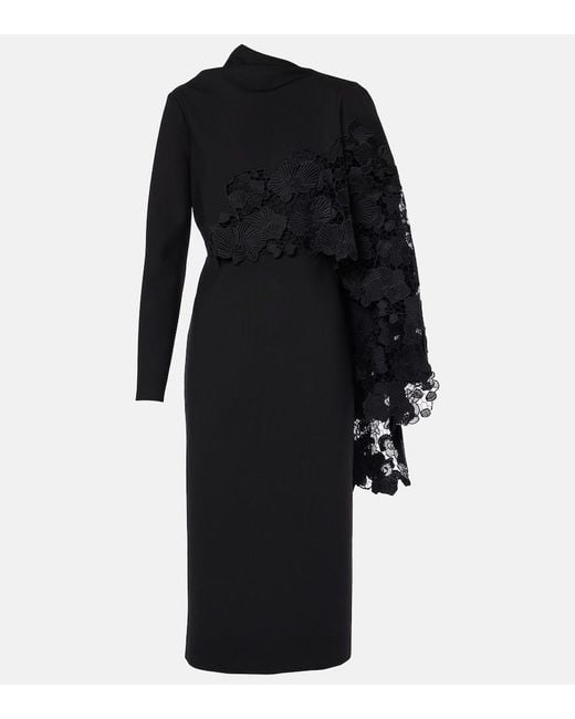 Oscar de la Renta Black Floral Guipure Wool Midi Dress