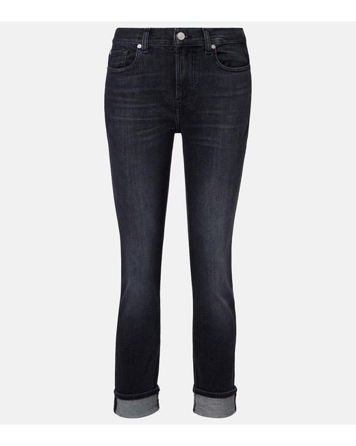 7 For All Mankind Blue Mid-Rise Cropped Skinny Jeans