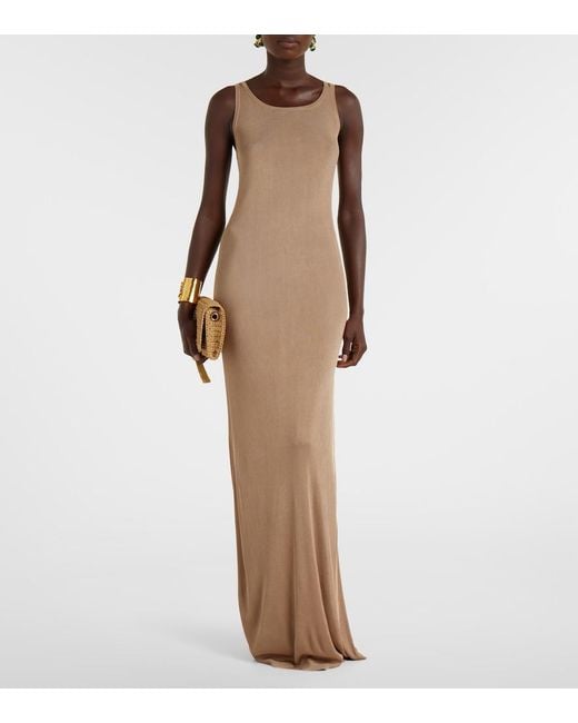 Saint Laurent Natural Ribbed-Knit Maxi Dress