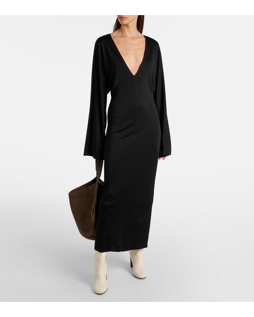 Khaite Black Jersey Plunging V-Neck Maxi Dress