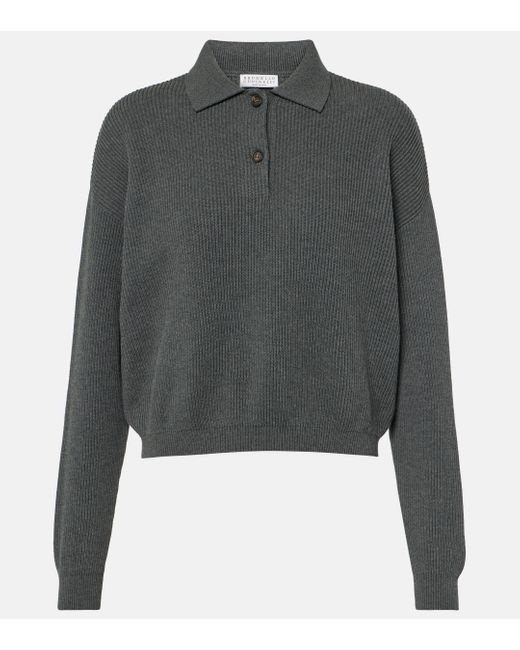 Brunello Cucinelli Gray Cotton Polo Sweater