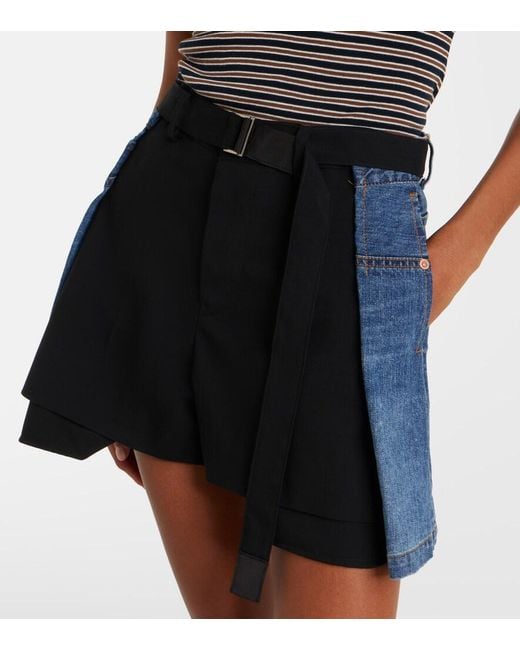 Sacai Black Paneled Denim Shorts