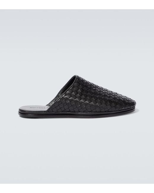 Bottega Veneta Black Intrecciato Leather Slippers for men