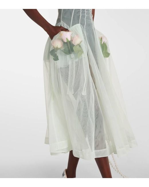 simone rocha green dress Simone Rocha Floral-Applique Tulle Midi Dress in Green