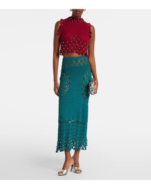 Rabanne Green Embellished Crochet Cotton Midi Skirt