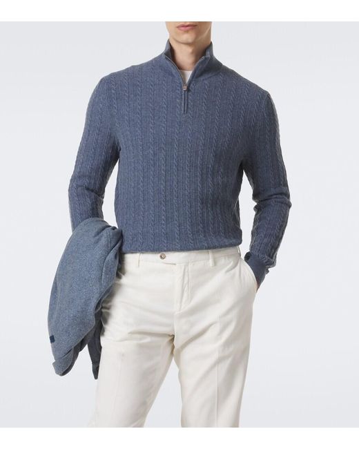 Fedeli Blue Cable-Knit Cashmere Half-Zip Sweater for men