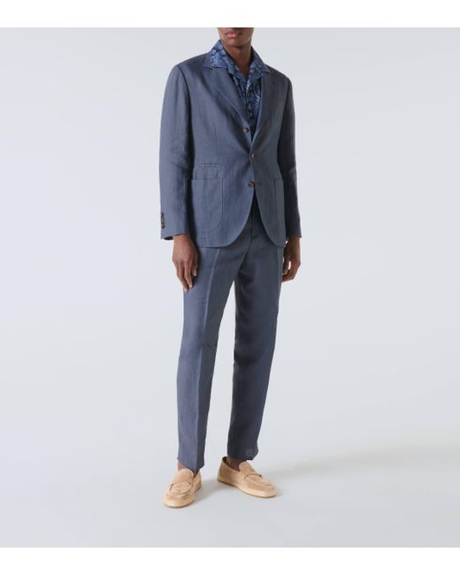 Brunello Cucinelli Blue Linen Straight Pants for men