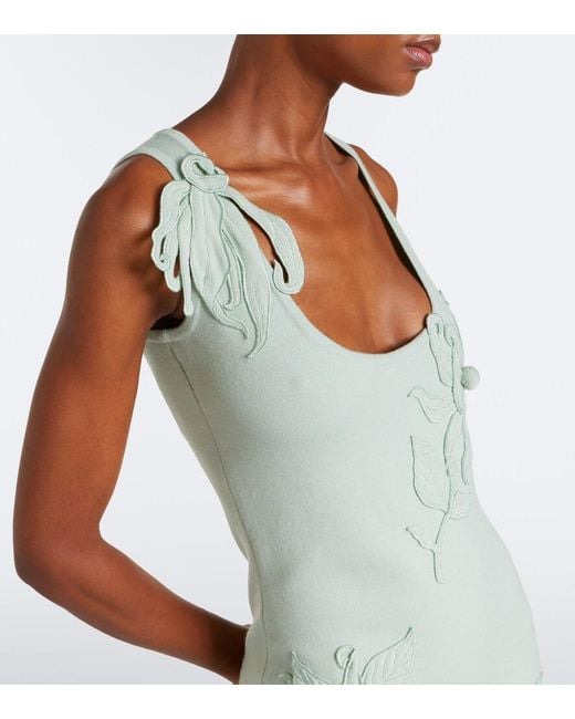 Oscar de la Renta Green Floral Applique Wool-Blend Midi Dress