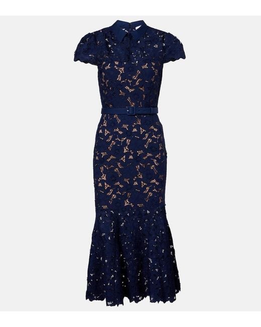 Self-Portrait Blue Belted Lace Midi Dress