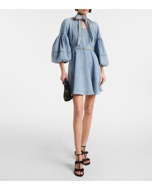 Zimmermann Blue Tie-Neck Puff-Sleeve Denim Minidress