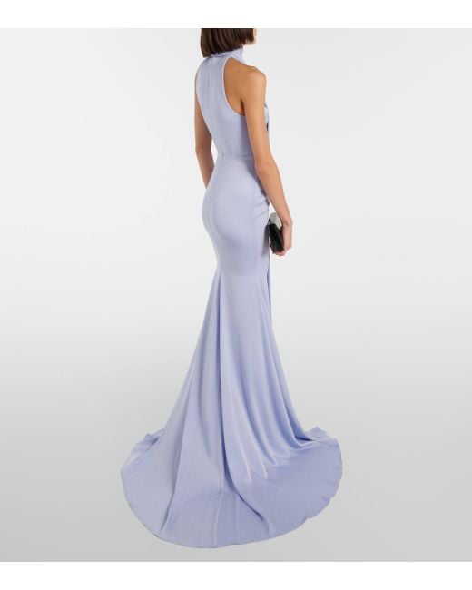 Alex Perry Blue Scarf-Detail Halterneck Satin Gown