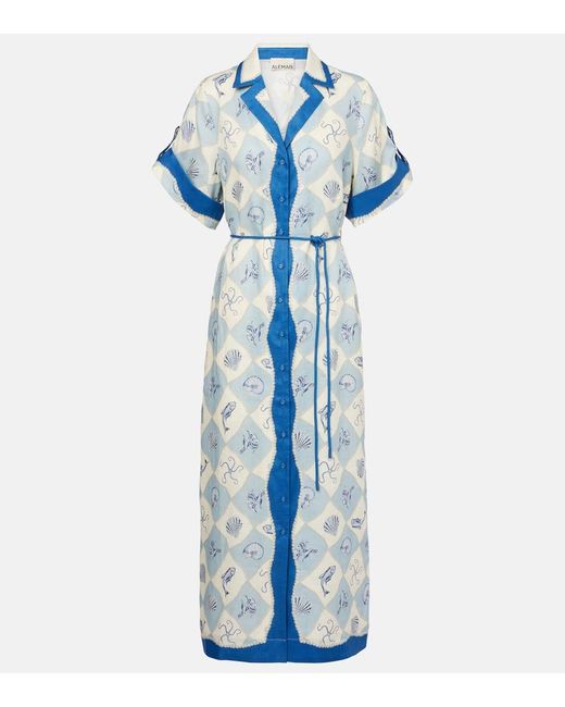 Vestido Camisero Pia De Lino Estampado ALÉMAIS de color Blue