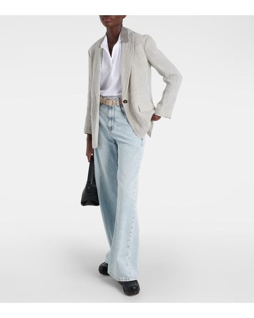 Brunello Cucinelli Gray Oversized V-Neck Linen-Blend Blazer