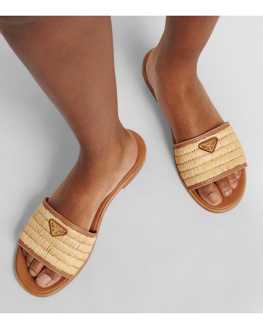 Prada Brown Leather And Raffia Slides