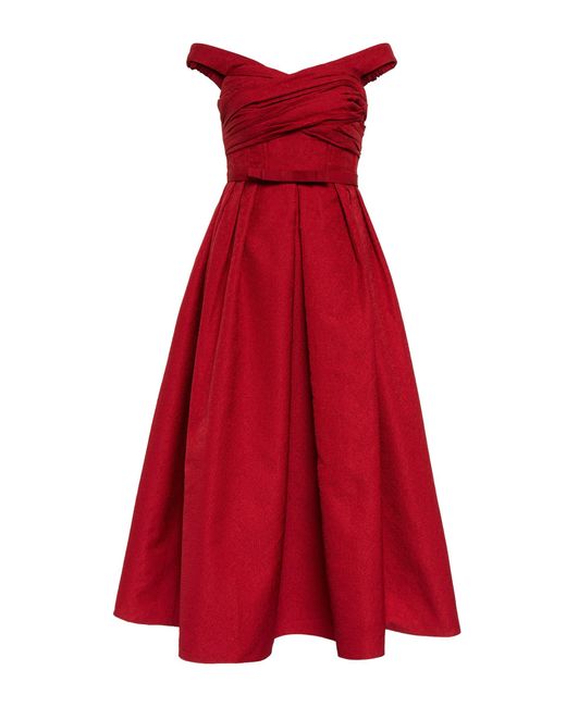 Self-Portrait Red Off-shoulder Cloque Midi Dress