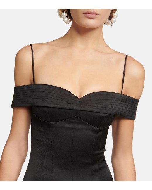 Rasario Black Off-Shoulder Satin Midi Dress