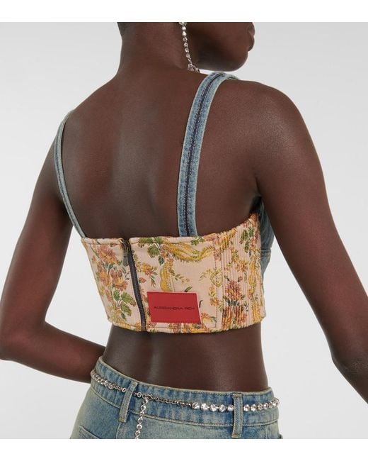 Alessandra Rich Blue Floral Cropped Denim Bustier Top