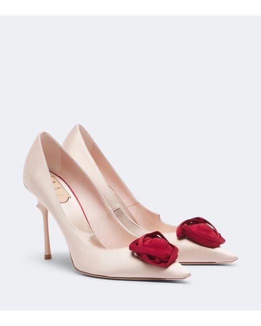 Roger Vivier Pink Rose Vivier Floral-Applique Satin Pumps