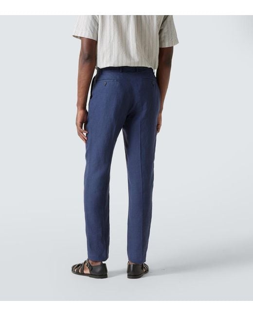 Sunspel Blue Pleated Linen Straight Pants for men
