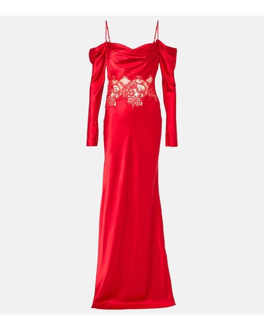 Rebecca Vallance Red Rubia Lace-Trimmed Silk Satin Gown