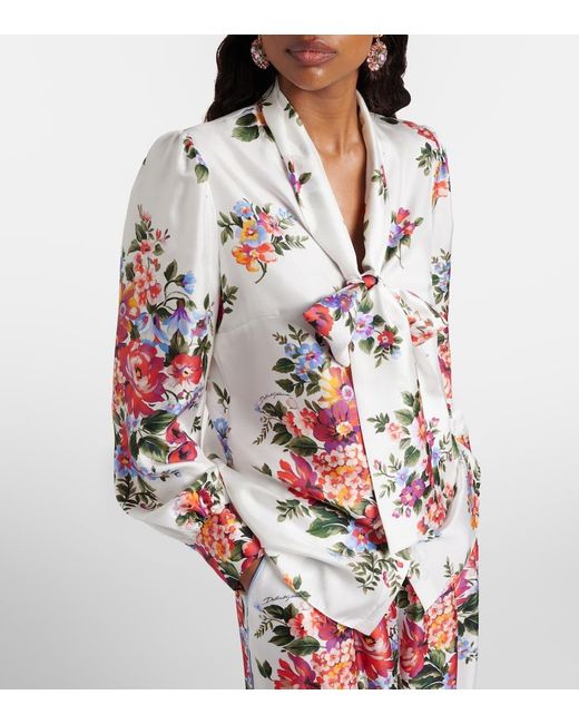 Dolce & Gabbana White Floral Tie-Neck Silk Blouse