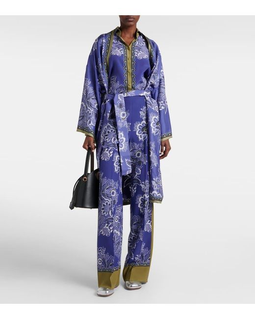 Etro Blue Paisley High-Rise Silk Wide-Leg Pants