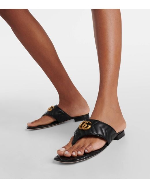 Gucci Black Double G Leather Thong Sandals