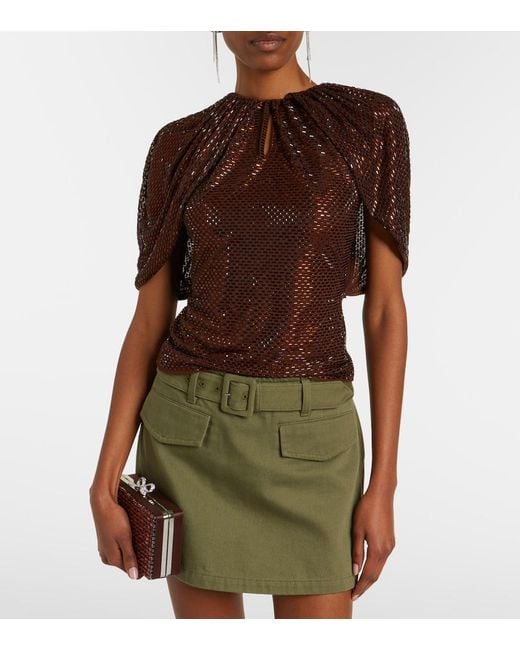 Self-Portrait Brown Embellished Mesh Top