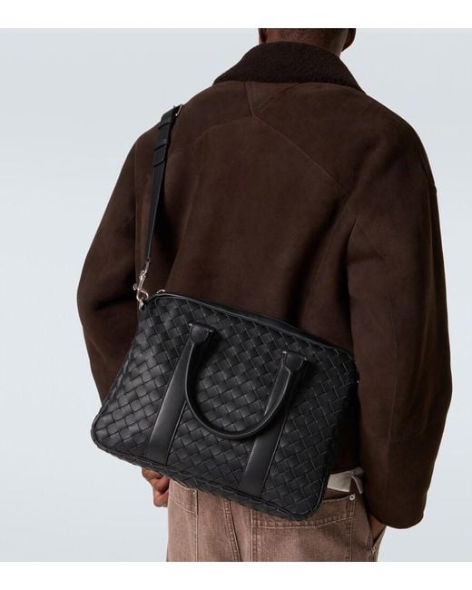 Bottega Veneta Black Intrecciato Leather Briefcase for men