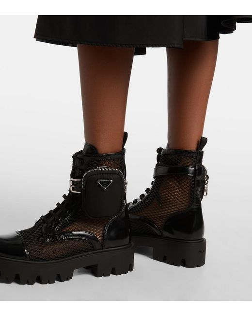 Prada Black Leather-Trimmed Mesh Combat Boots