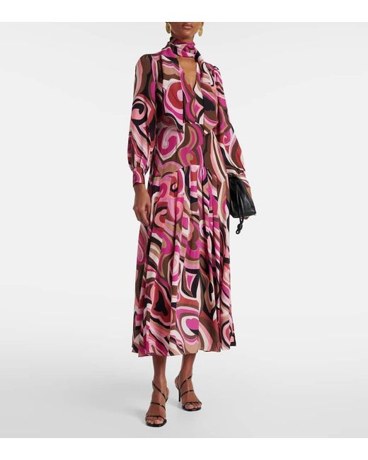 Rixo Red Marigold Silk Crepe De Chine Midi Dress