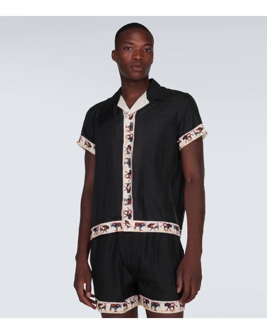 Bode Black Taureau Printed Silk Bowling Shirt for men