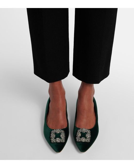 Manolo Blahnik Green Hangisi Embellished Velvet Ballet Flats