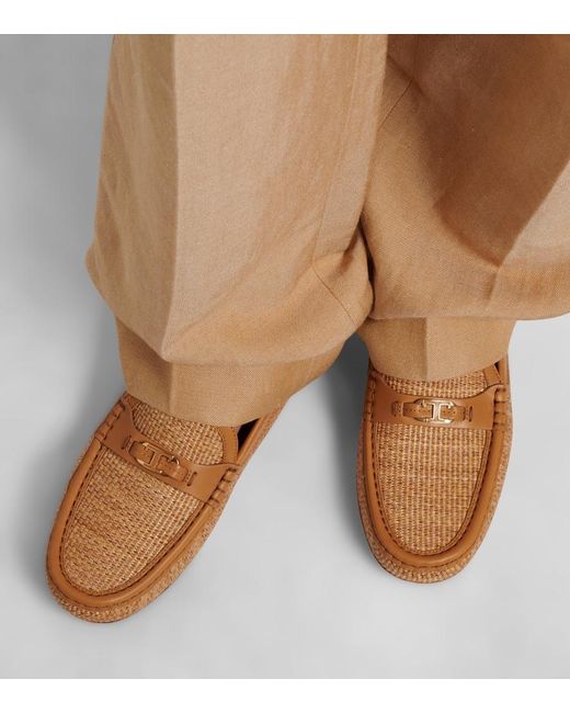 Tod's Brown Gommino Leather-Trimmed Raffia Loafers