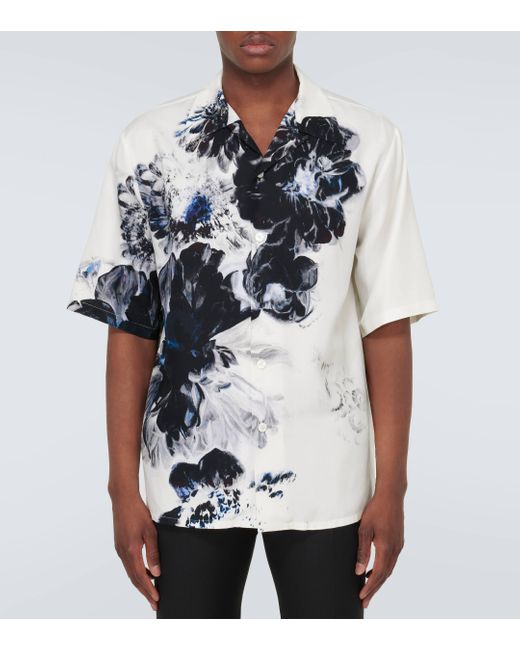 Alexander McQueen White Dutch Flower Silk Bowling Shirt for men