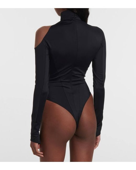 Mugler Black Swirly Mesh-paneled Bodysuit