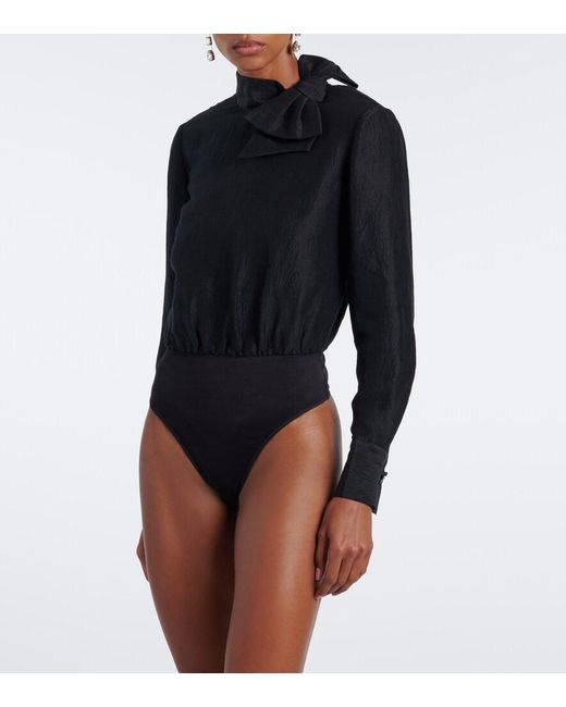 Roland Mouret Black Bow-Detail Jacquard Ramie And Silk Bodysuit