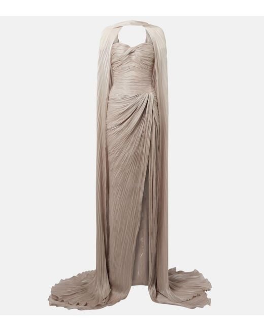 Marmar Halim Natural Caped Gathered Pleated Silk Gown